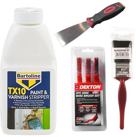 Paint Stripper Wood & Metal Bundle – Paint and Varnish Stripper 500ml, Metal Paint Stripper, Wood Varnish Remover, 1.5 Inch Paint Brush, Metal Scraper, Plastic Gloves, Wire Brushes
