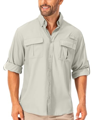 mosingle Chemise de randonnée à manches longues pour homme, protection UV, safari, pêche, extérieur, séchage rapide, chemise légère pour la marche, le voyage, kaki clair, M