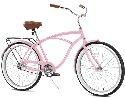 Cyclist Sawyer Beach Cruiser Bike 26-Inch Adults Bike, Single-Speed Bicycle for Men, Coaster Brake with Rear Basket, Recommended Height 5'3 to 6'2, Suitable for Men, Women, Teens-Pink