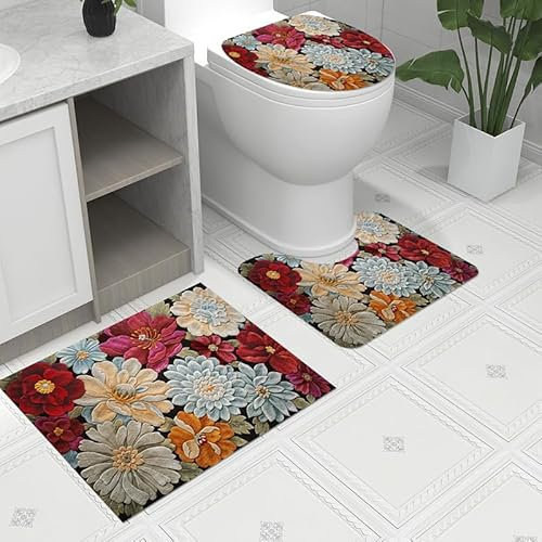 Badezimmerteppich Rot Beige Retro WC Vorleger mit Ausschnitt WC Deckelbezug 3 Teiliges WC Teppich rutschfeste Badgarnitur U förmiger Badematte Waschbar Bad Teppiche Set 50x80 cm