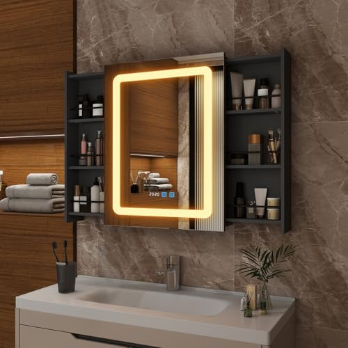 YU YUSING Specchio Bagno Contenitore con 6 Ripiani 55x70x16cm, Mobile Bagno con Specchio a LED, Armadietto Bagno Sospeso Scorrevole, 3 Colori Regolabili, Display dell'Ora, Antiappannamento, Nero
