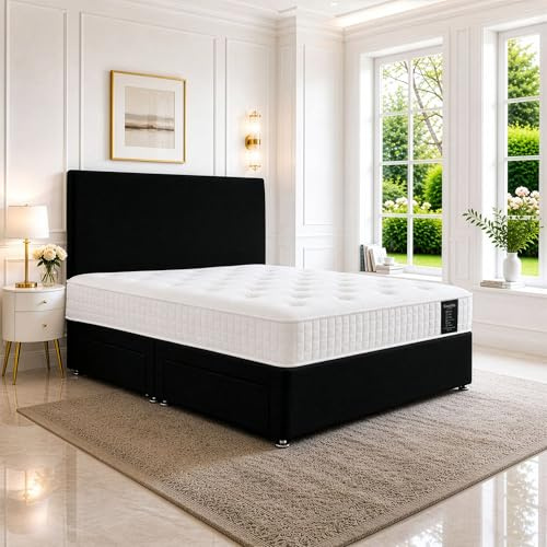 SANA SLEEP Sleek 4FT6 double Bed with Pocket Sprung Mattress & 2 Drawers | Compact Bedroom Set | Sturdy Frame for Comfort | Chic Divan Design | Modern Spaces Furniture (Black Plush)