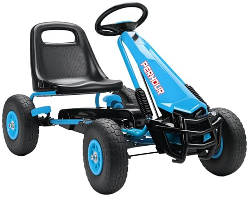 AIYAPLAY Gokart, Tretauto mit Handbremse, verstellbarem Sitz, Vor- und Rückwärtsgang, Pedalantrieb, Kinderfahrzeug mit Eva Reifen, manueller Kupplung, Tretfahrzeug für Kinder 3-8 Jahren, Blau
