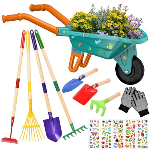 JONRRYIN Brouette Enfants, 14PCS Ensemble de Jardinage avec Outils de Jardin, Bêche, Râteau, Gants et Accessoires, brouette Jardin Kit de Jeu Éducatif pour Enfants 3 Ans (Vert)