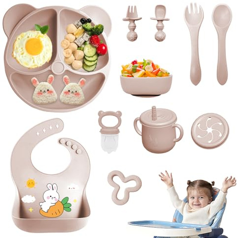 Coffret Repas Bebe 11 pièces, Vaisselle Antiderapant pour Bébé Set Silicone avec Ventouse Assiette Bol Fourche Cuillère Bavoir et Tasse, Enfant Set Couverts Vaisselle Pour Sevrage Manger (Beige)