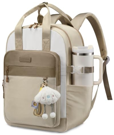 LOVEVOOK Laptop ryggsäck dam, arbetsryggsäck skolryggsäck tonåring, Beige + khaki med plyschhänge, 17,3 Zoll, Avslappnad