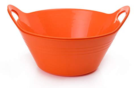 Mintra Home Plastic Bowls with Handles (4.5L Large 2pk, Orange) - 11.25W x 5inH (6.75inH with handles) - great for popcorn, snacks, drinks, candy, Halloween, trick or treat bowls