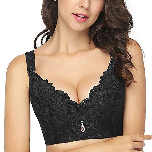 FallSweet, Plus Size Lace Bra C Cup Wide Back Push Up Brassiere for Women, Black, 90/40C