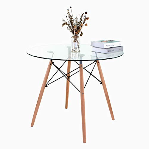 JEFFORDOUTLET Round Dining Table, 90 cm Safe Clear Glass Kitchen Table, Retro Wooden Leg Dining Room Furniture