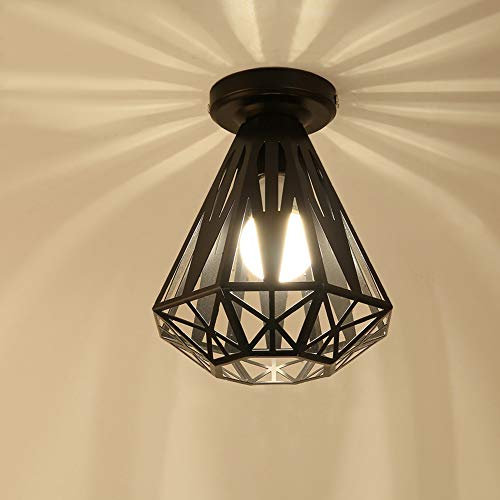 iDEGU Plafonnier Vintage Industrielle Lustre en Fer Cage Abat-jour Lampe de Plafond E27 Éclairage Décoration Suspension Luminaire pour Chambre Entrée Couloir Bar Restaurent, 20CM (Noir)
