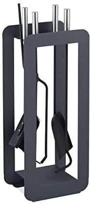 Relaxdays Kaminbesteck, 5-teiliges Set, Schürhaken, Ascheschaufel, Besen, Zange & Ständer, Kamingarnitur, grau/Silber