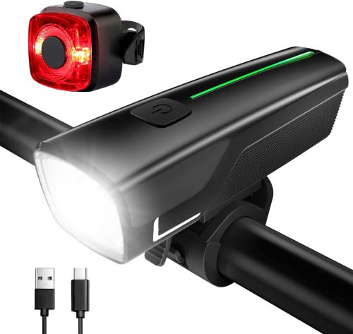 Coomarble LED Akku Fahrradlicht Set,2 in 1 Indikator Fahrradbeleuchtung USB Aufladbar Fahrradlampe mit 2 Licht-Modi IPX5 Wasserdicht Fahrrad licht