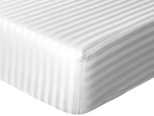 Sleepdown Hotel Quality Fitted Sheet 100% Cotton Satin Stripe Warm Cosy Breathable Super Soft Bedsheet Bed Linen Easy Care 32cm Extra Deep Pockets - White - Single, 5056557513970