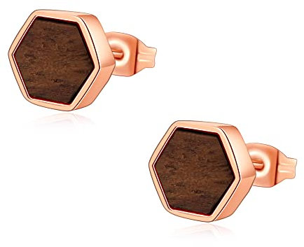 Ohrringe Holz Damen in Rosegold Edelstahl Holzohrringe Ohrstecker Geometrisch Hexagon Durchmesser 8mm Frauen Geschenk