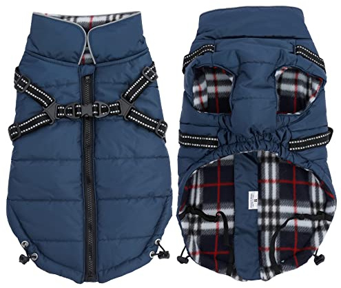 Warm Pet Dog Coats and Jackets,Waterproof Reflective Pet Dog Harness Vest Winter Puppy Clothes with Chest Strap, Outdoor Walking Adjustable Chest Strap-Navy Blue-L