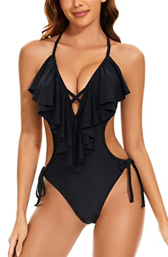 LXheysea Einteiliger Badeanzug für Damen, mit Volantausschnitt, sexy Monokini, Badeanzug, Schwarz, XL