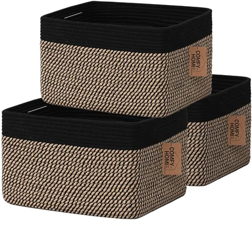 COMFY-HOMI 3PACK Cotton Rope Square Basket with Handles for Shelves|Dog Toy Bin and Storage|Baby Gift|Shoe Organizer|New 13.5 x 11 x 9.5 for Living Room (Black/Jute)