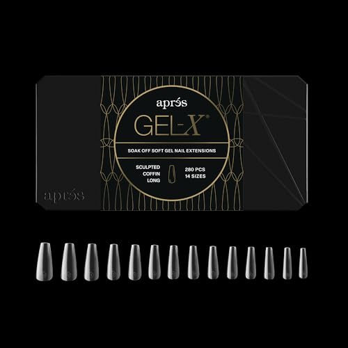 Apres Gel-X® Coffin Box of Nail Tips | 280 Soft Gel Tips, 14 Sizes 00-9 | Half-sizes Included (Sculpted Coffin Long, 280 Count)