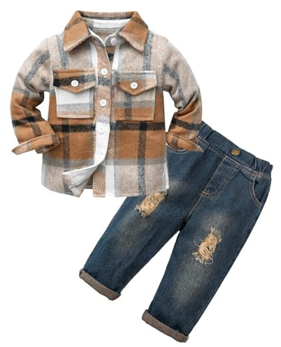 Volunboy Baby Boy Clothing Sets, Long Sleeve Flannel Shirts + Blue Ripped Jeans 2PCS Fall Winter Casual Outfits(Khaki White,3-4 Years,Tag Size 110)