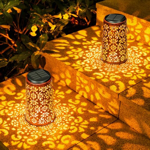 Moman Solarlaterne für Außen, 2 Stück Solarlampen für Außen Garten zum Hängen, Lantern Deko mit Kalt/Warm Licht aus Metall IP55 Wasserdicht für Garten Balkon (Retro), Solar-Laterne-für-Außen-Garten