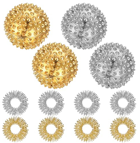 4 Unds Bolas Magnéticas de Acupresión y 8 Unds Anillos de Masaje para Dedos, Pequeñas Bolas de Pincho Metálicas, Anillos de Acupresión, Bola Magnéticas de Masaje para Alivio del Estrés, Oro/Plata