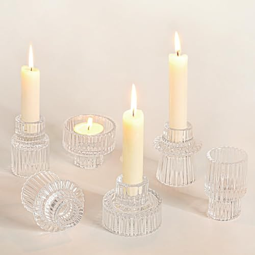 Cnwinu Uppsättning med 6 Glas Ljushållare, 2-i-1 Värmeljus och Stavljus för Bröllop, Matbord, Fest, Jul och Advent (Transparent Klar)