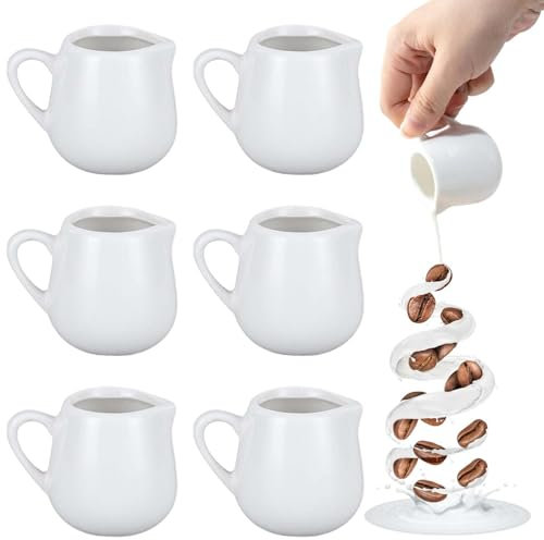 GOMETY 6 Stück Milchkännchen Porzellan mit Griff, 50ml Klein Milchkännchen Keramik Milchkännchen mit Griff Milchkanne Espressogießer Aufschäumkännchen für Saucen Milch Cappuccino Espresso Latte etc