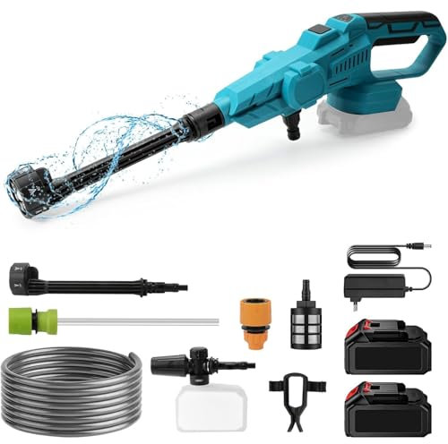 Bellanny Hidrolimpiadora sin Cable | 18V 120Bar Limpiadoras a presión exterior | Pistola de lavado de alta presión, Pulverizador de Espum, 2 batería,6 en 1 Boquilla,5m Manguera,para Coche,Suelo,jardín