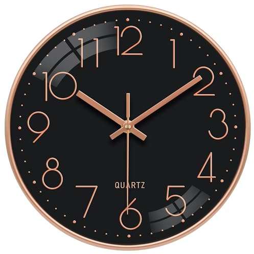 VIKMARI Orologio da Parete Silenzioso 25 cm Oro Nero a Pila Senza Ticchettio Quartz con Numeri 3D in Oro Orologio Analogico Decorativo per Camera da Letto Ufficio Bagno