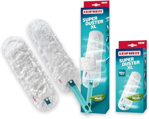 Leifheit SUPERDUSTER XL avec Housse de Rechange, plumeau Lavable avec Housse en Microfibre à 360 degrés, plumeau dépoussiérant Compatible avec Le Click-System, Laver au Lieu de Jeter