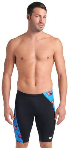 ARENA Performance Men's Mushrooms Swim Jammer MaxLife Athletic Practice Knee-Length Swimsuit Short Competitive Training Bathing Suit, Black/Blue Multi, US Size 32