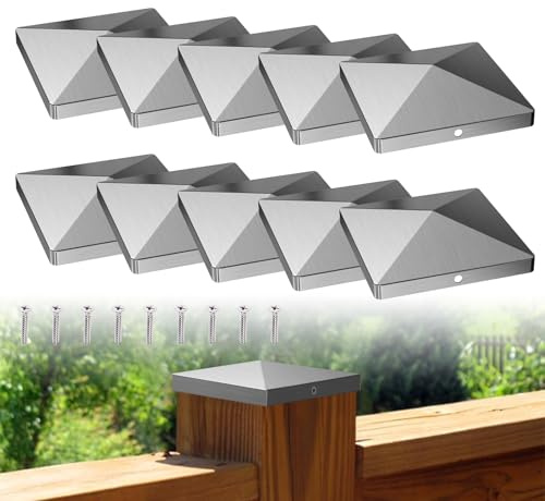 Fence Post Caps 3x3 / 4x4 inch, 10 PCS Stainless Steel Fence Toppers, Weatherproof Fence Post Toppers, Square Fence Caps with Screws, Fence Post Tops for Protection and Decoration (Silver, 3 x 3 inch)
