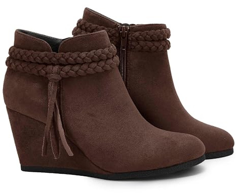 Fashare Womens Wedge Ankle Boots Braided Fringe Strap Western Heeled Winter Booties Dress Shoes, Chocolate Suede, Size 7.5
