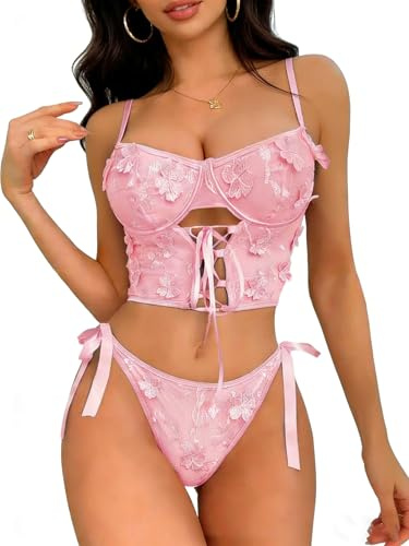 VicSec Ensemble Père Noël Lingerie Set Sexy de Seduction 2 Pièces en Tulle Transparent en Dentelle String Fleurs sous-Vêtements avec Soutien Teddy Babydoll Push Up Babydoll Nuisette pour Soirée