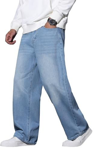 QGRSWBC Mens Baggy Jeans Loose Fit Denim Jeans Wide Leg Hip Hop Pants Y2K Skater Trousers Streetwear Blue S