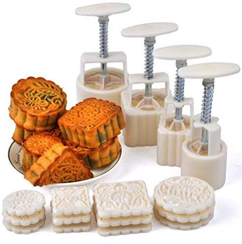 Set di 4 stampi per torta a forma di luna, per feste di metà autunno, fai da te, design a pressione manuale, 12 motivi unici, facile rilascio, strumento per la cottura in