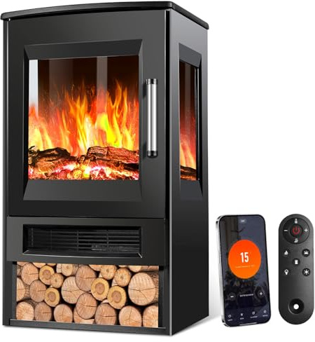 Hebitod Elektrisk eldstad, elektrisk öppen spis 950/1 900 W, eleldstad med elektrisk LED-flameffekt, elektrisk kamin med uppvärmning med termostat, visningsfönster uppvärmningsfunktion timer