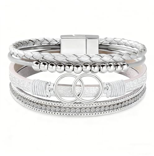 JAVMOO Leather Bracelet for Women, Boho Inlaid Rhinestone Wrap Multi-Layer Beads Handmade Bangle Wristbands Jewelry Silver