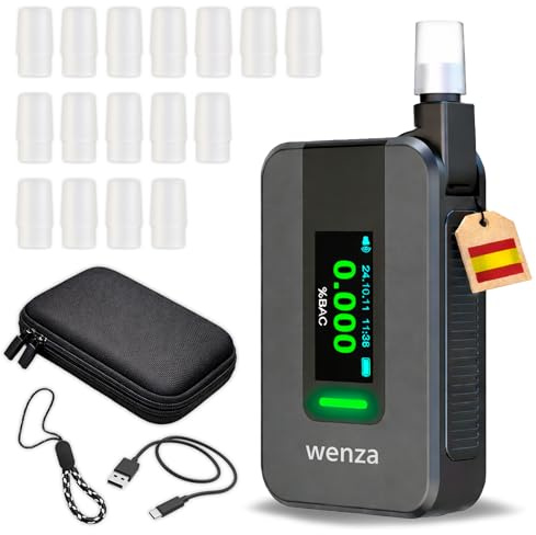 WENZA Alcoholimetro Homologado España con 16 Boquillas - Sensor Electroquímico de Alta Precisión con Pantalla LDC en Español- Etilometro Digital Recargable - Test alcoholemia Portátil