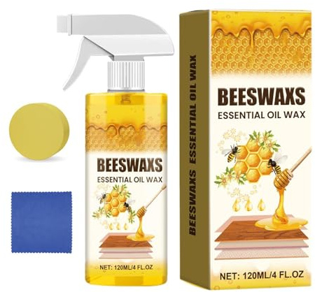 Beeswax Wood Spray 120ml Set - Furniture Cleaner & Nourishing Oil For Floors - Natural Restorer For Table Desk Wooden Furniture - Includes Sponge Towel