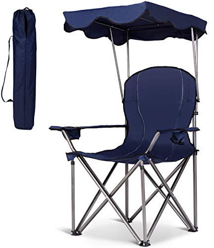 COSTWAY campingstol med skärmtak, fällbar strandstol med mugghållare, vadderat armstöd, kraftig stålram, bärbart vilstolstöd 120 KG, perfekt för uteplats, strand, läger, blå/röd (Blå)