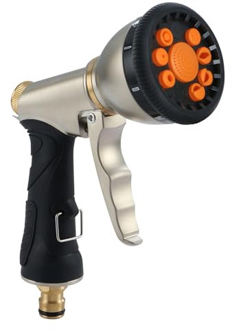 Fippy Pistola da Giardino, Pistola a Spruzzo da Giardino, Doccia da giardino in Metallo, 9 Modalità Regolabili, per Irrigare Prati, Lavaggio auto, Pulizia Marciapiede, Pet Balneazione