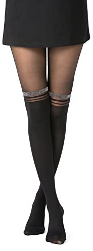 Gi&Gi Damen Strumpfhosen mit Herz-Muster, Schwarz, Transparente Nylonstrumpfhose, Mock Over-Knee Design, Elegante (DE/NL/SE/PL, Alphanumerisch, L, XL, Regular, Regular, Schwarze Streifen)