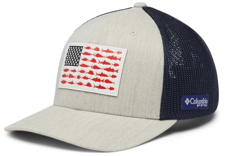 Columbia Unisex-Erwachsene PFG Ballkappe aus Leder, Fischflagge, Netzstoff Cap, Ancient Fossil Heather/Collegiate Navy, X-Large