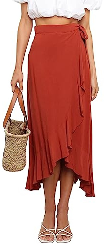 FEOYA Women's High Waisted Tie Wrap Midi Skirts Plain Ruffle Hem Split Maxi Wrap Skirts Casual Summer Beach Long Skirts Red S