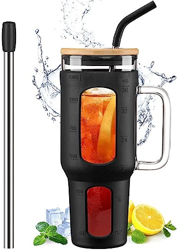 WINSA Glass Tumbler with Lid and Straw, 46 oz Iced Coffee Cup with Handle, Large Water Bottles with Silicone Sleeve, Glass Cup with Straws - Pearl Straw & Drinking Straw BPA Free-Black