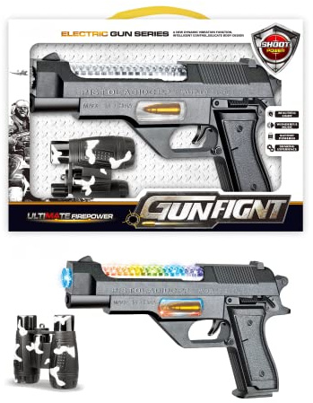 Toy Gun set for kids great for Police Costume accessories, Army Soldier Military fancy dress pretend. This plastic toy Gun Pistol set emits sounds lights, movement & projects images for hours of fun
