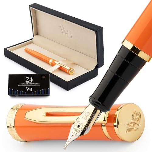 Wordsworth & Black Füllfederhalter-Set, mittlere 18-Karat-Goldfeder, inklusive 24 Tintenpatronen, Kolbenkonverter und Geschenkbox, goldfarben, Kalligraphie, Orange