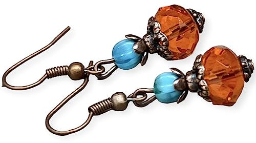 Vintage Ohrringe mit Glasperlen - orange, türkis, himmelblau, azur & kupfer