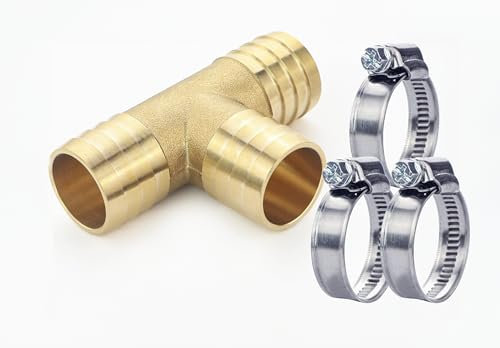 GASMIS T-Stück Schlauchverbinder aus Messing 1-25mm inkl. Schlauchschellen - Verteilerstück für Wasserschlauch, Ablaufschläuche